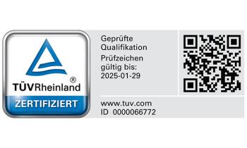 Das Zertifikats-Logo vom TÜV Rheinland mit Gültigkeit bis 2025