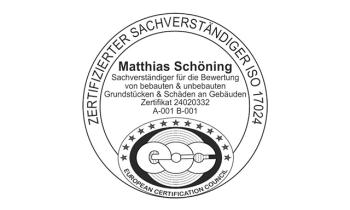 Das Zertifikats-Logo "Zertifizierter Sachverständiger ISO 17024" von Matthias Schöning für die Bewertung von bebauten & unbebauten Grundstücken und Schäden an Gebäuden